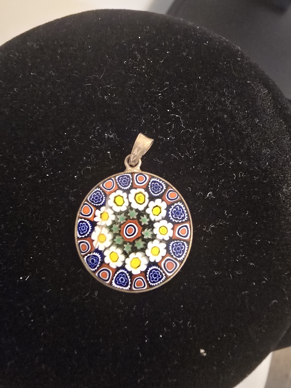 Murano Millefiori Floral Round Pendant And Earrings Set:  Blue, Yellow & Red